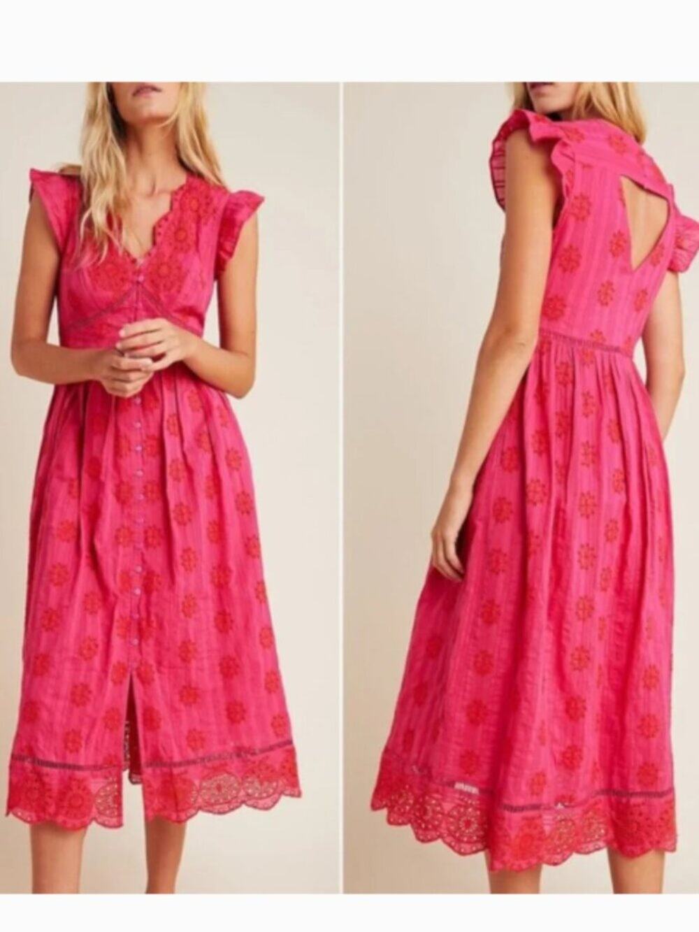 Anthropologie Tomine Embroidered Eyelet Midi Dress Size Large NWT